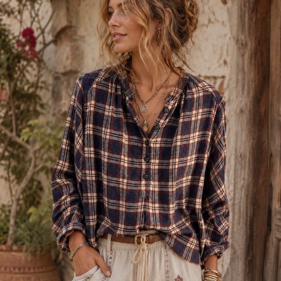 Free People Tops - Free People Sz XS Button Front Shirt Northern Bound Plaid Flannel Onyx Oversized